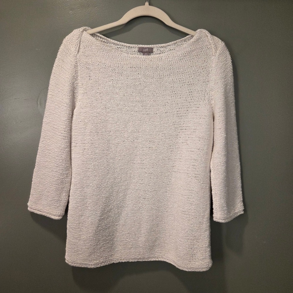 J. Jill Women's Boatneck 3/4 Sleeve Open Knit Sweater Size M White Textured